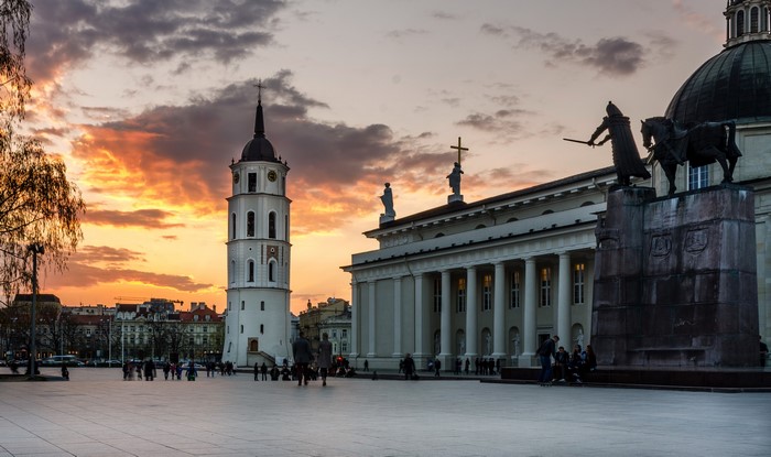 Vilnius Cathedral Square at sunset with bell tower