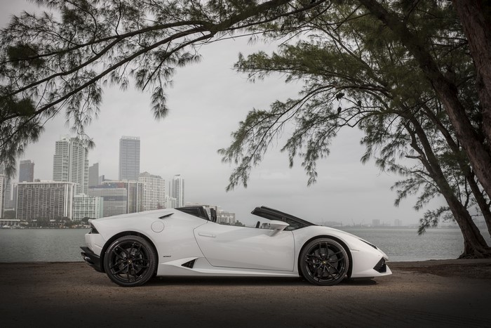 White Lamborghini Huracan Spyder by the water