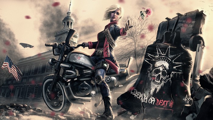 Blonde woman on a motorcycle with Independence Hall