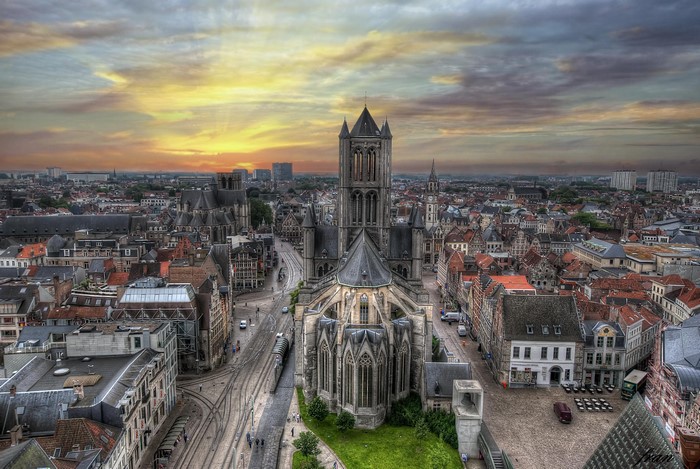 4K HDR view of Gent, Belgium city skyline with cathedral