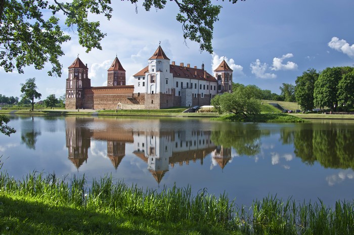 Mirsky Castle Complex in Belarus reflected in a pond