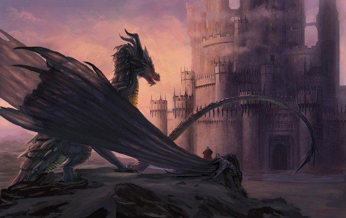 Dragon and castle at sunset