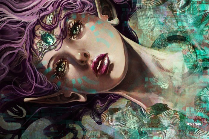 Elf painting with purple hair and green eyes