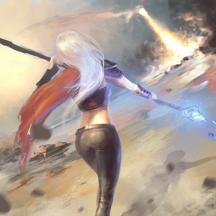 Woman with white hair holding a magic staff