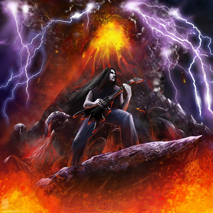 Heavy Metal Guitarist Playing by Volcano with Lightning