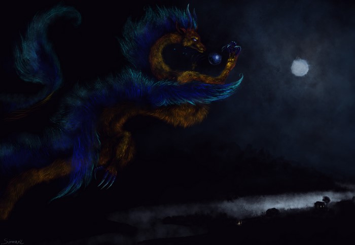 Dragon holding a glowing orb at night