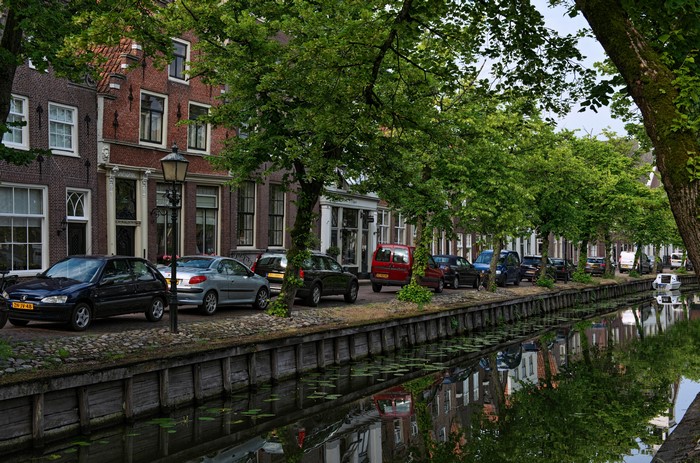 Street with Canal and Trees in Edam, Netherlands