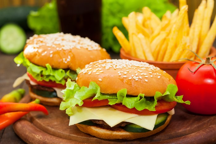 Fresh Double Cheeseburgers with Lettuce and Fries