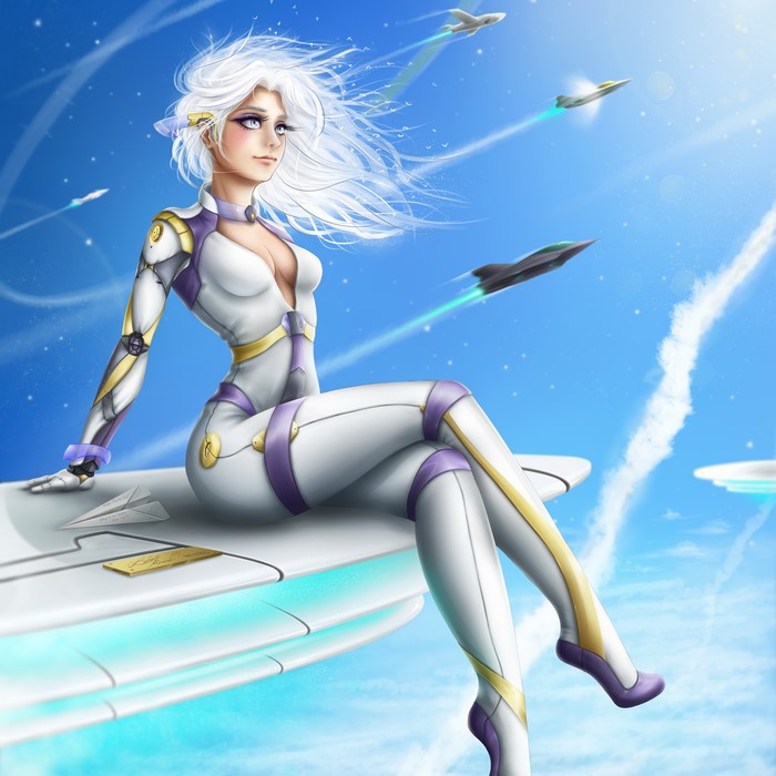 Blonde girl in uniform sitting on a spaceship