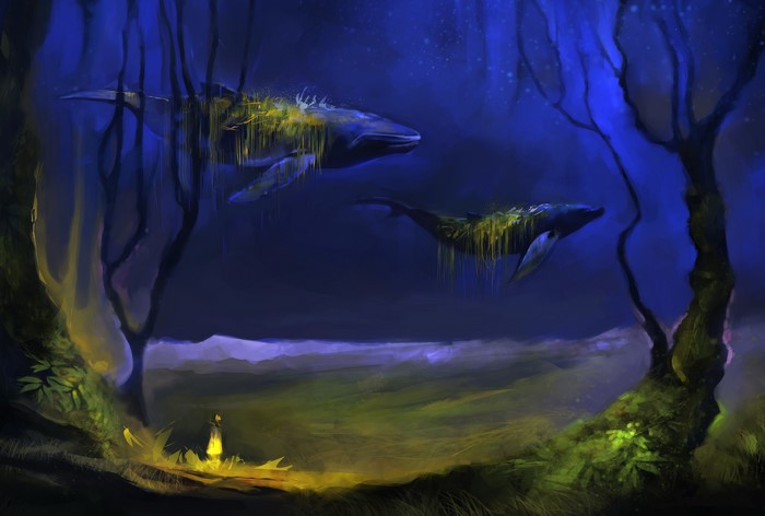 Whales in a surreal underwater forest