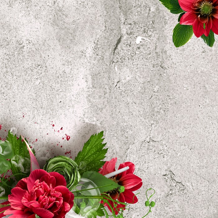 Red Peonies and Chrysanthemums on Concrete Template