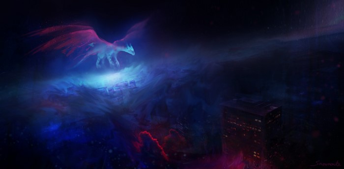 Dragon flying over a city at night