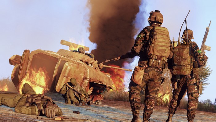 4K ARMA 3 Intense Battlefield with Soldiers and Burning Vehicle