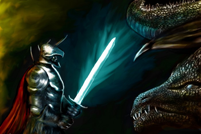 Knight with glowing sword facing a dragon