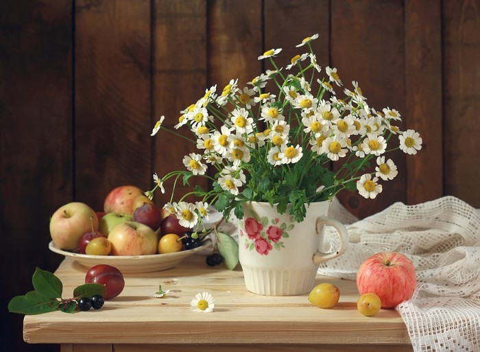 Still-life with camomiles, apples, and plums