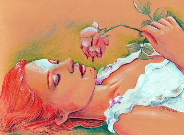 Painting of a Redhead Girl with a Rose