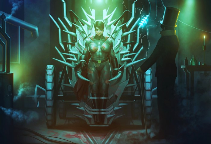 Soviet Superwoman in a mechanical throne with a man in a top hat