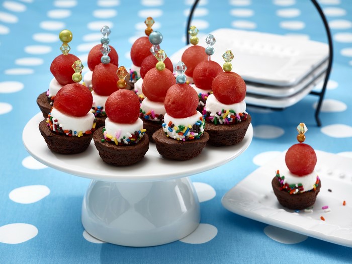 Mini Brownie Bites with Watermelon and Marshmallow Topping