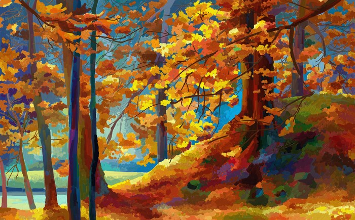 Painting Art of Autumn Trees in Forest