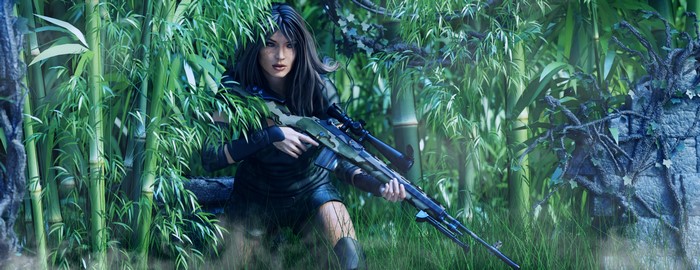 Woman with sniper rifle in bamboo forest