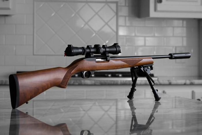 Ruger 10/22 rifle with scope and bipod