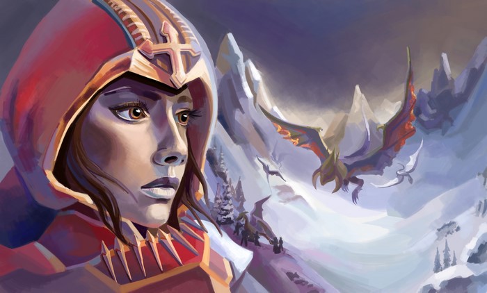 Demon Hunter from Diablo III with Dragons in Mountains