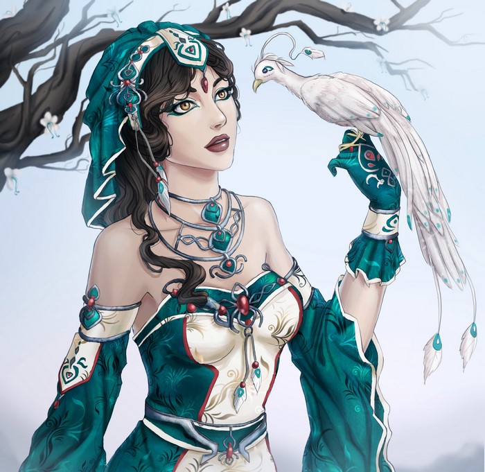 Woman with white peacock and ornate jewelry