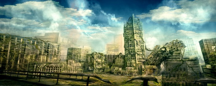 Apocalyptic cityscape with ruined buildings and overgrown vegetation