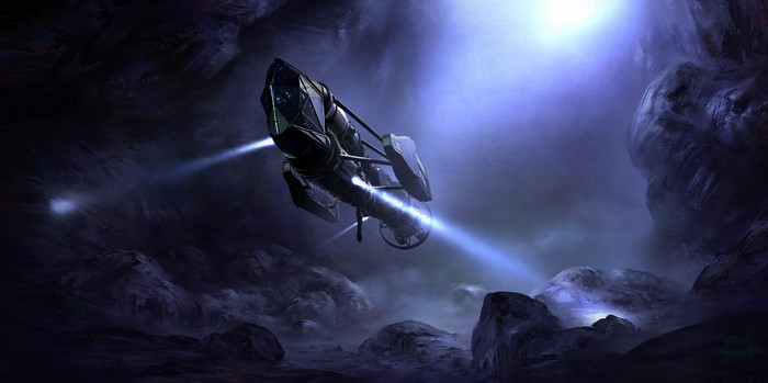 Spaceship exploring a dark cave with blue lights