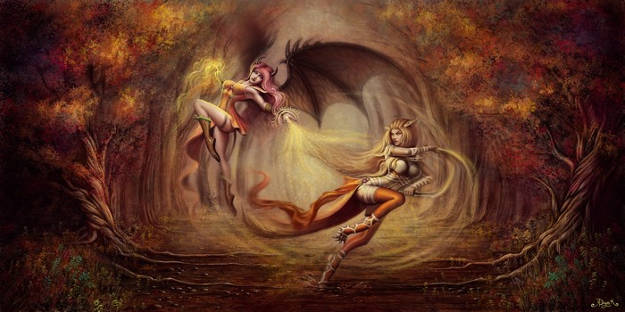 Two female demons battling with magic in a forest