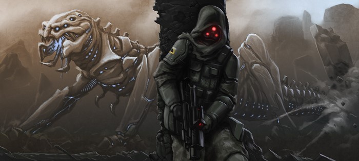 Soldier with alien monster in a desolate landscape