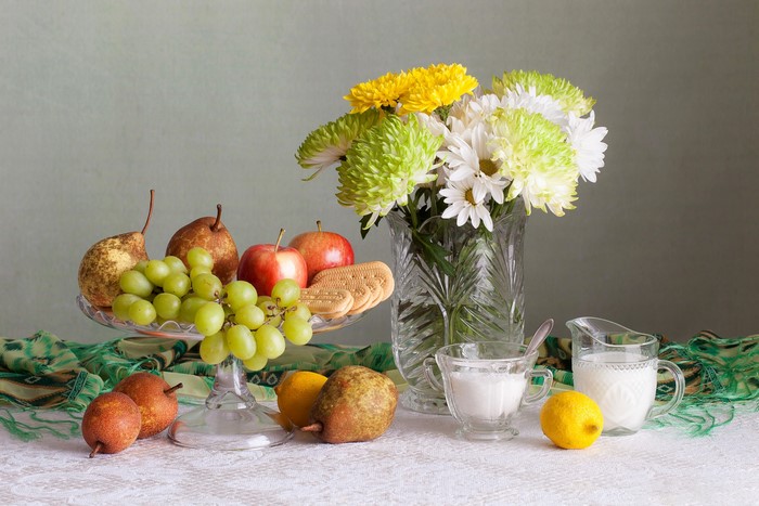 Still-life with fruit, flowers, and milk