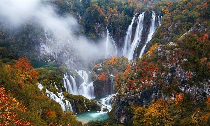 Waterfalls in Plitvice Lakes National Park, Croatia during Autumn