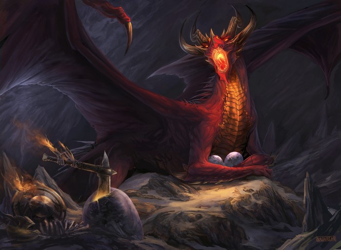 Red dragon guarding eggs in a dark cave