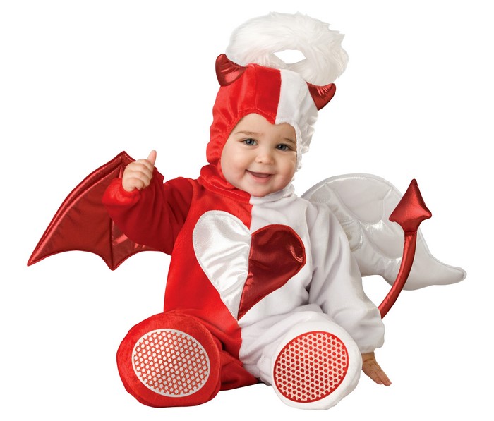 Baby in a red and white devil/angel costume