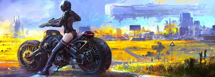 Woman in futuristic armor on a motorcycle with a gun