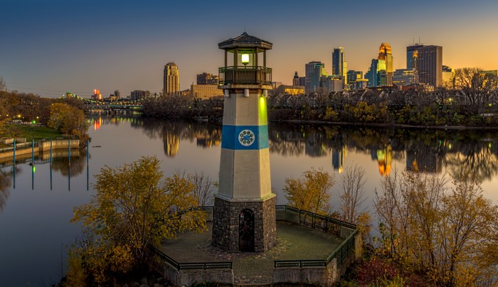 Minneapolis Minnesota Lighthouse and Skyline at Sunset