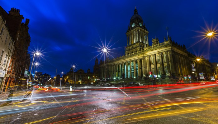 Leeds Town Hall at Night with Light Trails