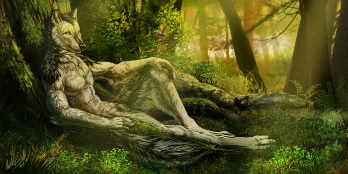 Werewolf resting in a sunlit forest