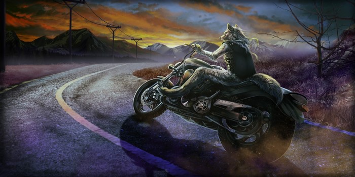Werewolf riding a motorcycle on a road at sunset