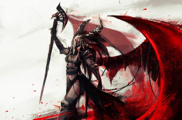 Warrior with horns and wings holding a staff