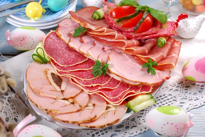 Easter meat platter with ham, salami, and eggs
