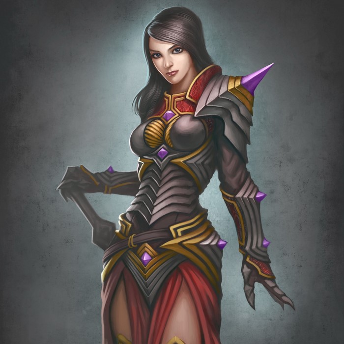 Warrior woman in ornate armor with purple gems