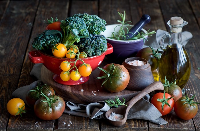 Still-life of vegetables and olive oil
