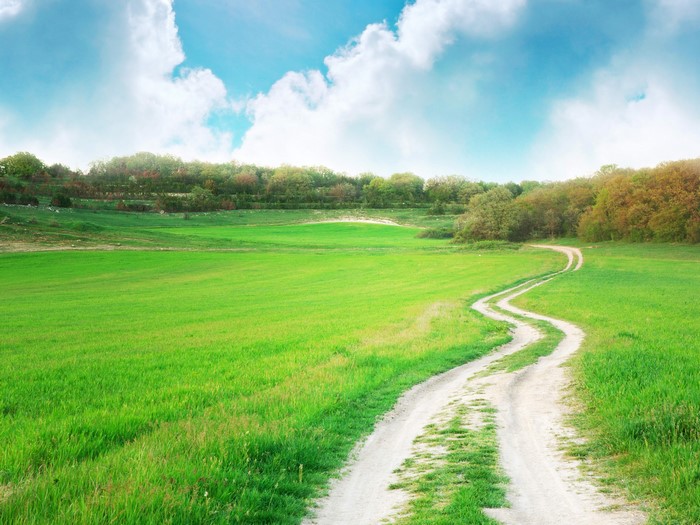 A winding dirt road through green fields under a cloudy sky