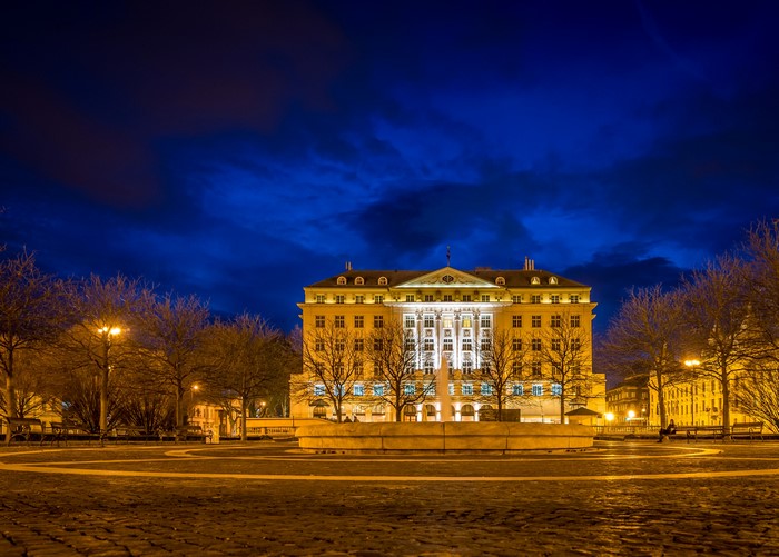 Building and fountain at night in Zagreb, Croatia