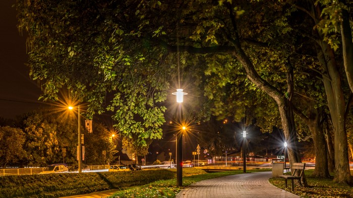 4K Night park with street lights and trees in Croatia