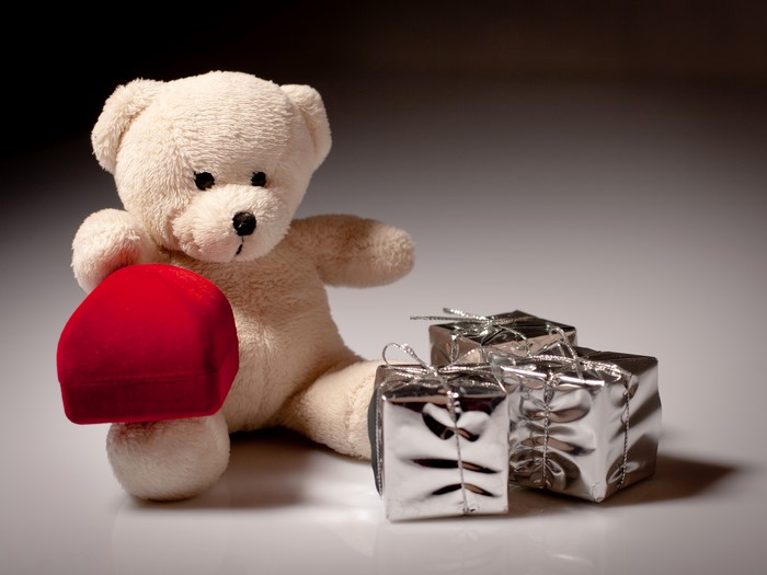 Teddy bear with red ring box and silver gifts