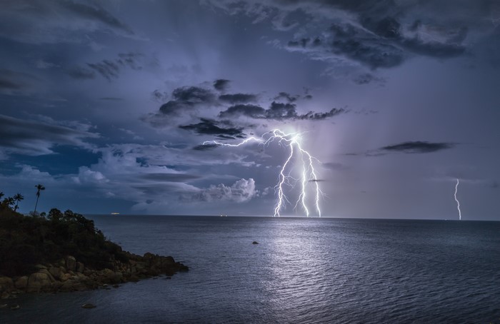 Lightning strikes over the ocean near Koh Samui Island, Thailand