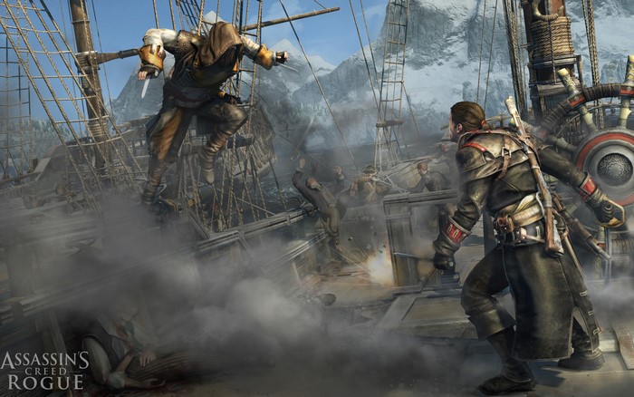 Assassin's Creed Rogue naval battle with soldiers fighting